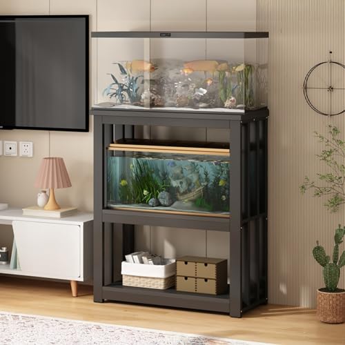 CTREVL Soporte para Acuario con Estantes de Almacenamiento de 2 Niveles, Altura de Estante Ajustable y Capacidad de Carga Máxima de 100 Kg, Mesa para Pecera para Uso en El Hogar y la Oficina(Negro,80x