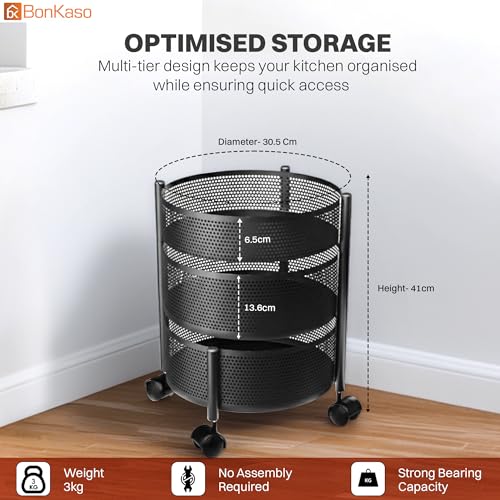 Image of BonKaso 3-Layer Round Multipurpose Kitchen Trolley with Swivel Storage Basket & 360 Rotating Wheels, Black Steel Frame, Easy Mobility, Space-Saving and Durable