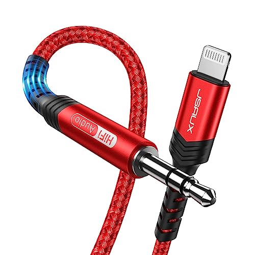 Image of JSAUX Lightning to 3.5mm iPhone AUX Cord Headphones Jack Compatible with iPhone 14 /14 Plus /14Pro /13 /13 Pro Max /12 /12 Pro /11 /X /XS /XR /8 /Car Stereo, 6FT, [Apple MFi Certified] -Red