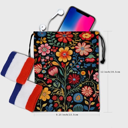 Image of Nerxy Mexican Floral Grip Bag - Colorful Gymnastics Grip Bag Flower Gymnasts Gym Bag Drawstring Gift Bag Gym Storage Pouch for Sports Party Favors