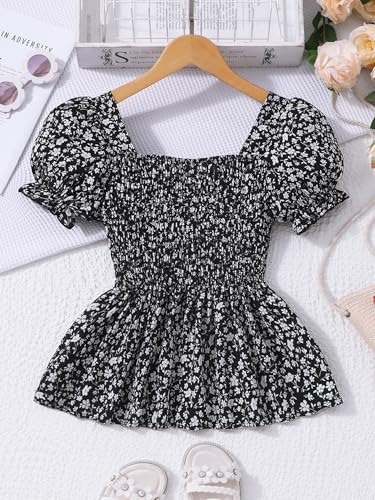 Image of Seechoslo 2025 Tween Girls' Cute Short Sleeve Square Neck Smocked Elastic Short Sleeve Woven Shirt Top