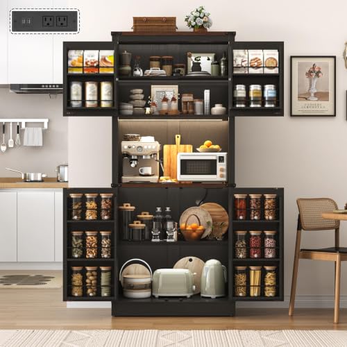 Image of 72 inch Tall Farmhouse Kitchen Pantry Cabinet with LED Light and Power Outlet,Modern Farmhouse Kitchen Storage Cabinet w Load-Bearing Steel Pipe,Barn Doors, Organizer,Food Pantry Cabinets(2PC Black)