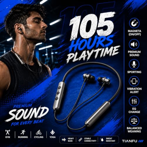Image of Bluetooth Neckband Earphones with 105H Playtime, Wireless Bluetooth Headphones with ENC Noise Reduction, Magnetic Earbuds, Built-in Equalizer Mode, HD Calling Mic, Neckband Earphones - Grey