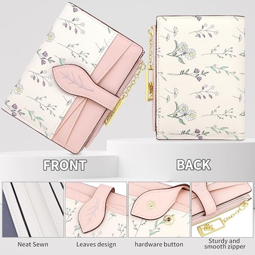 Image of Farcauo Cute Pink Minimalist Flower Wallet for Women Small Kawaii Coin Purse with ID Window Lightweight and Stylish Design Compact Cash Wallet for Ladies