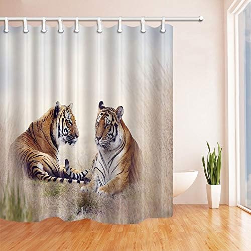 GoEoo Photography Decor Aggressive Tigers Sit Together Searching PreyResistant Polyester Fabric Shower Curtains for Bathroom Shower Curtain Hooks Included 69X70 in Yellow White