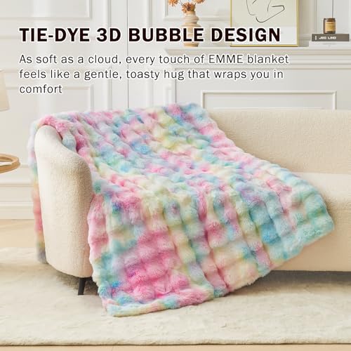 Image of EMME Faux Rabbit Fur Bubble King Blanket, Tie Dye Rainbow 108 inch x 90 inch