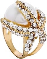 Dtja Big Starfish Shell Pearl Statement Ring Women Rhinestone Crystal Wide Band Size 9 Comfort Fit Party Jewelry