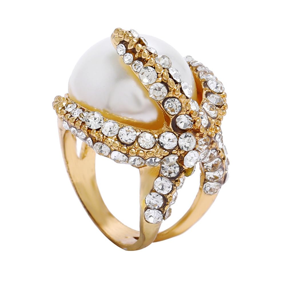 Dtja Big Starfish Shell Pearl Statement Ring for Women Rhinestone Crystal Star Exaggerate Wide Band Finger Rings Comfort Fit Fashion Delicate