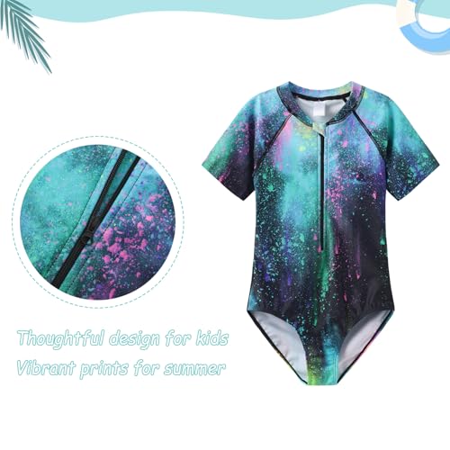Image of Girls One Piece Rash Guard Swimsuits for Girl Short Sleeve Bathing Suits with Front Zipper Sun Protection Swimwear 3-16 Years
