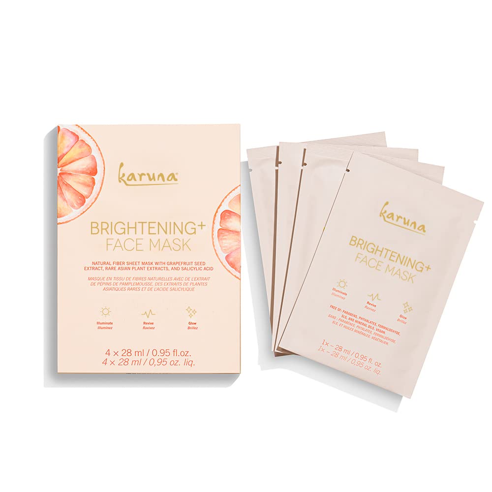 Karuna Brightening+ Sheet Masks for Radiant Skin, Hydrating Face Mask Skin Care Essential, Face Mask with Grapefruit Seed & Rare Asian Plant Extracts Plus Salicylic Acid, 4 Sheets per Pack