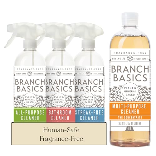 Branch Basics Cleaning Essentials Kit: All Purpose, Glass and Bathroom Cleaner - Concentrate (33.8 Oz) (17 Refills) + Refillable Plastic Spray Bottles (24 Oz) Plant Based, Human-Safe, & Fragrance Free