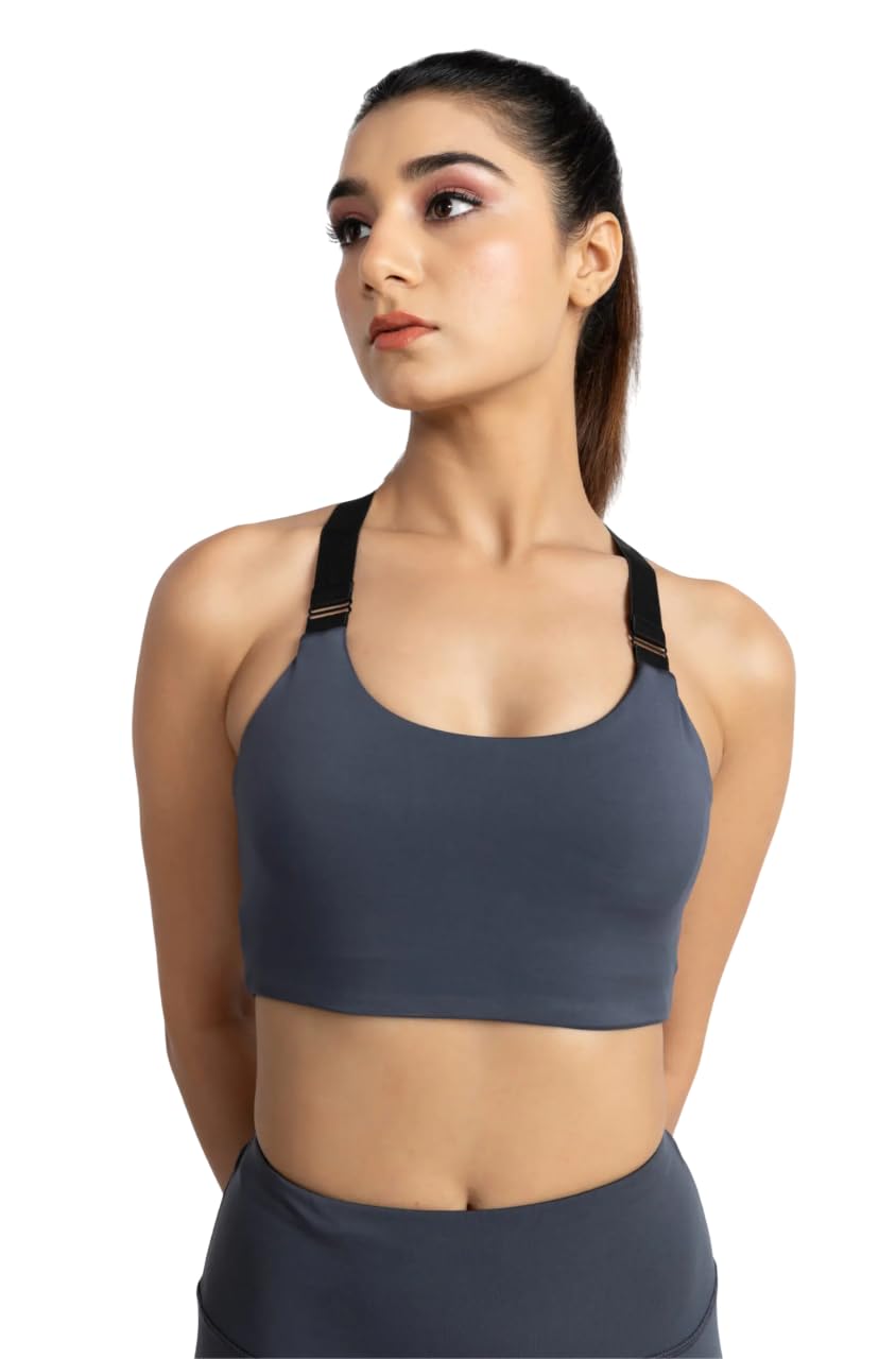 Women’s High Support Sports Bra for Gym & Training | Stretchable Polyester-Spandex Activewear | Comfortable Workout Bra in Black & Ash Grey | Fitness Wear | Sizes S to L-image-1