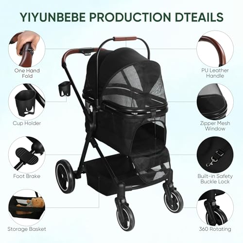 Image of 3-in-1 Foldable Pet Stroller for Dogs /Cats, 33lbs | All-terrain 7 inch /10 inch wheels | Compact storage | Storage basket | Breathable linen | Cup holder & rear brakes