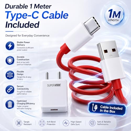 Image of 65W Supervooc Charging Adapter with 3.3ft Type C Cable Supports Dash /Wrap /Superdart /Vooc for OnePlus N6 /15R /15 /13s /13 /12 /12R /11 /11R /Nord CE6 Lite /Ce6 /6 /5 /Ce5 / Realme /iQOO|65 watt Fast Charger-White