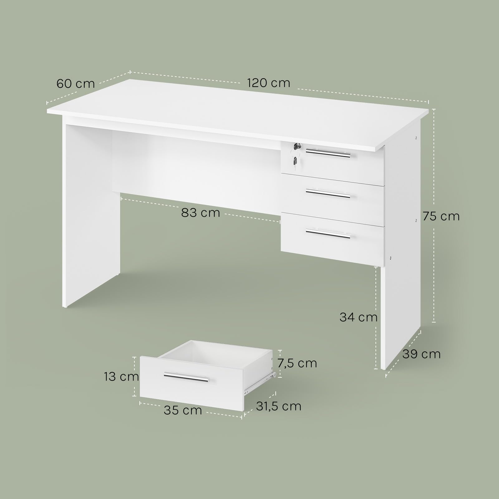 WOLTU Scrivania con 3 Cassetti, 120x60 cm, Bianco, Tavolo da Lavoro, Scrivania per Computer, Porta PC in Legno
