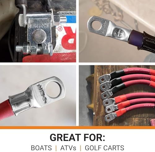 SELTERM 10pcs 2 AWG-3/8 Stud Tinned Copper Wire Lugs, Heavy Duty Battery Cable Ends,2 Gauge Ring Terminals, UL Battery Lugs Marine Grade Copper Eyelets Electrical Battery Terminal Connectors - 3