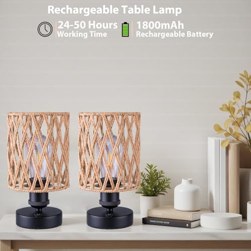 Cordless Outdoor Table Lamps, Small Rattan Boho, Rechargeable Battery Operated for Outdoor Patio, Home, Living Room, Bedroom, Bedside - Set of 2 (Beige-A) - Image 5