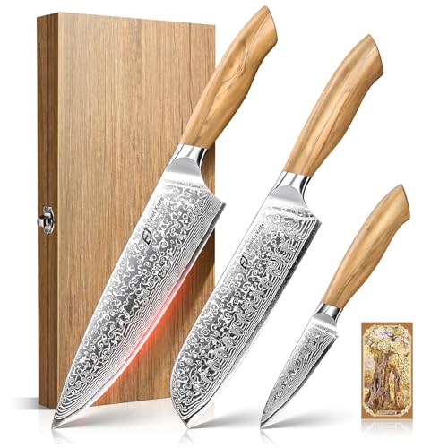 Comparison: Best Damascus Chef Knife Set 7 Emojoy Damascus Kitchen Knife Set, 3 PCS Japanese Chef Knife Set, 67-Layers Damascus Knife with Original Olive Wood Handle, Include Wooden Gift Box