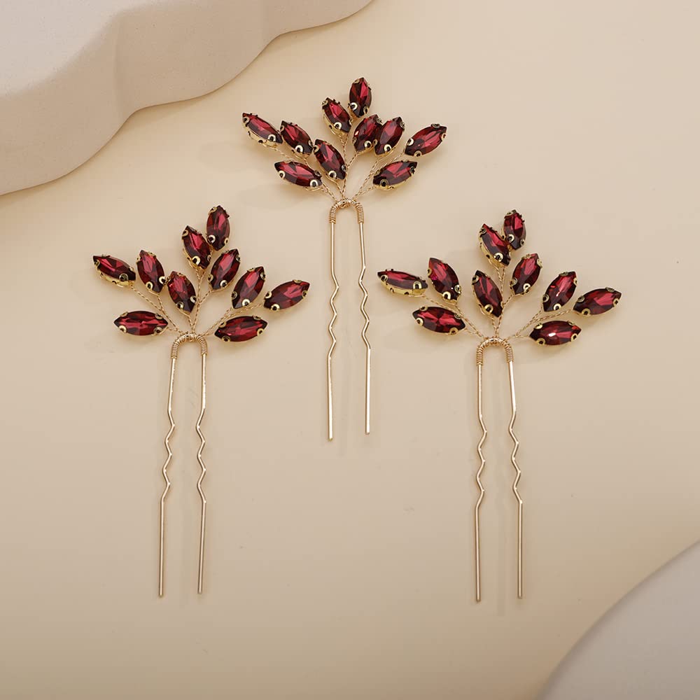 Teyglen 3pcs Bridal Crystal Hair Pins Rhinestones Hair Pieces Simple Crystal Wedding Hair Accessories Handmade Hair Pins for Women Bride Girls (Wine