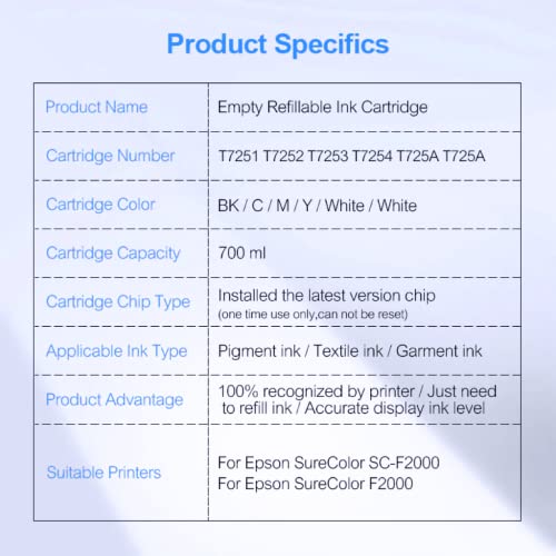 6Colors/Set T7251 T7251-T7254 T725A T725A Refillable Ink Cartridge With Chip For Epson Surecolor F2000 F2100 Dtg Printer 600Ml/Pc #TOP4