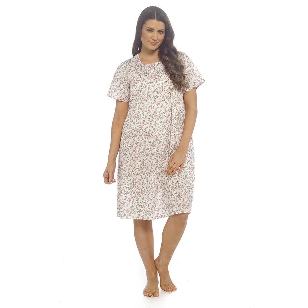 A2Z Ladies Poly Cotton Woven Floral Nightie Short Sleeve Classic Nightdress - Nightie LDS 602 Pink 18/20