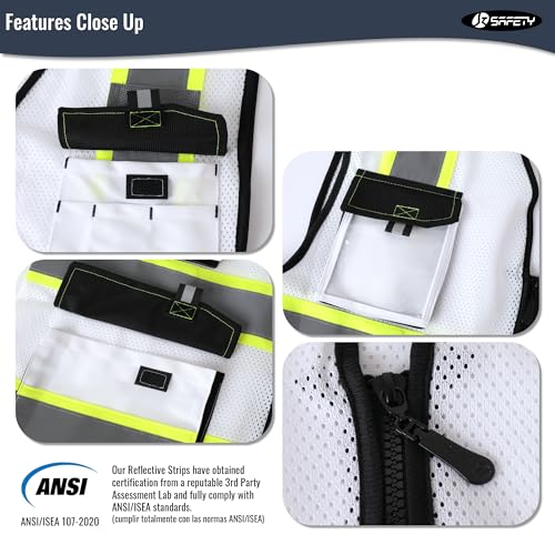 Image of JKSafety Hi Vis Reflective Safety Vests for Men Women High Visibility Vest with Pockets Mesh Fabric Construction Safety Apparel Neon Vest for Work (220-White S)