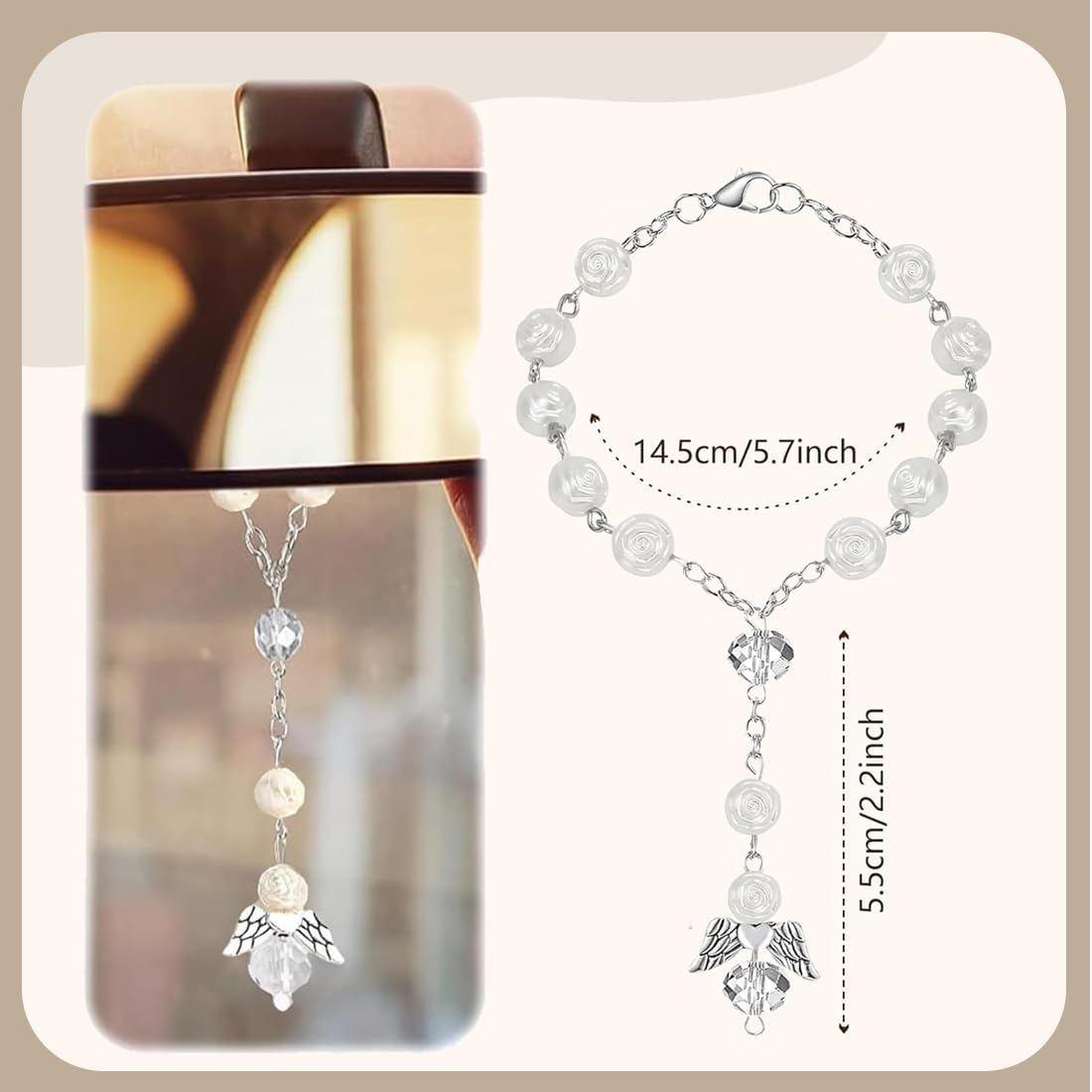 2 Pcs Chapelet de voiture pour ange gardien, Pendentif rétroviseur, Décoration intérieure de voiture, Pendentif porte-bonheur, Accessoire de voiture, Cadeau ange gardien