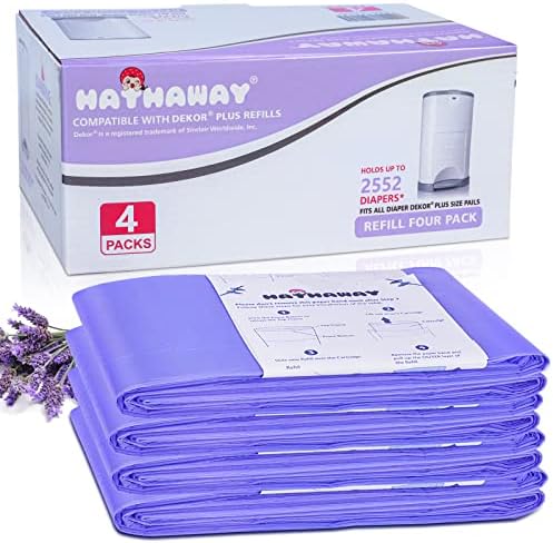 Diaper Pail Refills Increased12% length Compatible with Dekor Plus Diaper Pails Lavender Scent Holds up to 2552 Diapers (4 Pack)