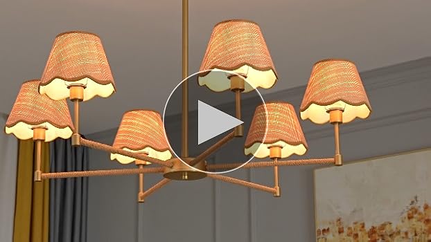 ZXFDWB Farmhouse Rattan Chandelier Light Fixture, 6-Light