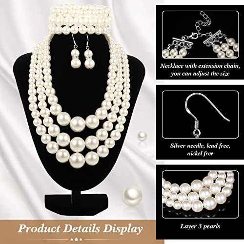 Haysandy 1920s Pearl Necklace for Women Costume Jewelry Set Faux Pearl Necklace Bracelet Earring for Party Wedding Gift4