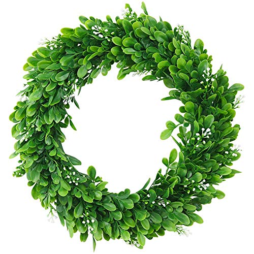 ElaDeco 15" Faux Boxwood Wreath Artificial Green Leaves Wreath for Front Door Wall