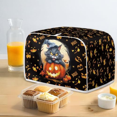 Image of Talayituse Halloween Cat Pumpkin Bat Print 2 Slice Toaster Dust Covers Kitchen Small Appliance Cover, Stain Resistant Dust Protection Bread Machine Cover with Top Handle Halloween Decor, S