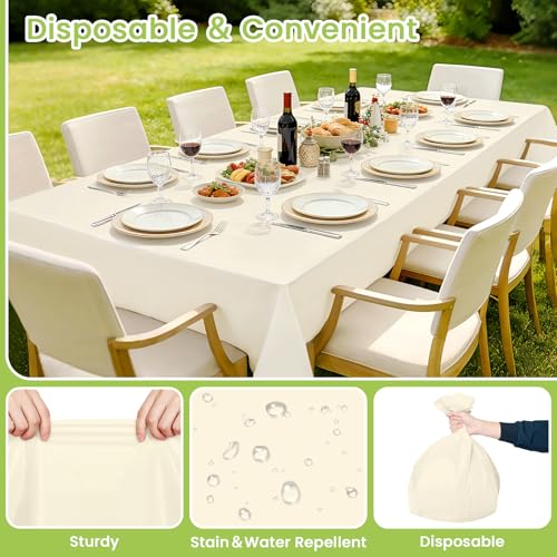Image of Mulbozy Cream Plastic Table Cloth Disposable 4 Pack, 54 x 108 Inch Tablecloths Rectangle, Ivory Plastic Table Cover for Party Decor