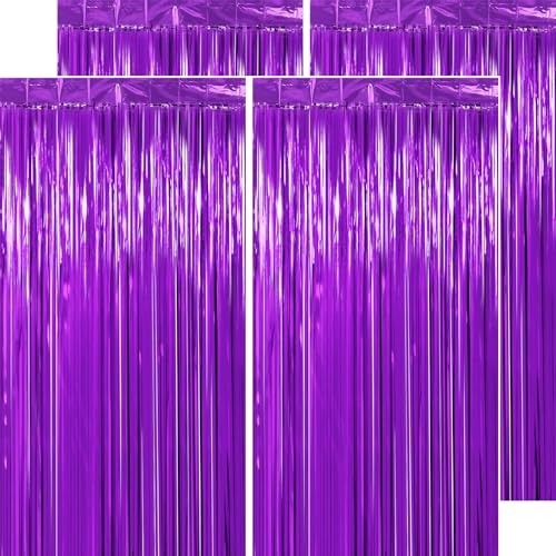 Image of Graduation Decorations Thicken Purple Streamers 4 Pack 13.2x8.2 FT, Purple Foil Fringe Backdrop for Birthday Party Decorations