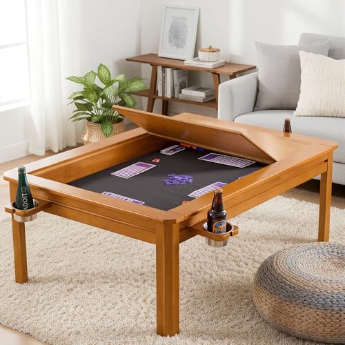 BKTSUNAMI Solid Wood Board Game Coffee Table with Removable Top, 3-in-1 Gaming and Dining Table Includes Play Mat & Detachable Cup Holders, 48