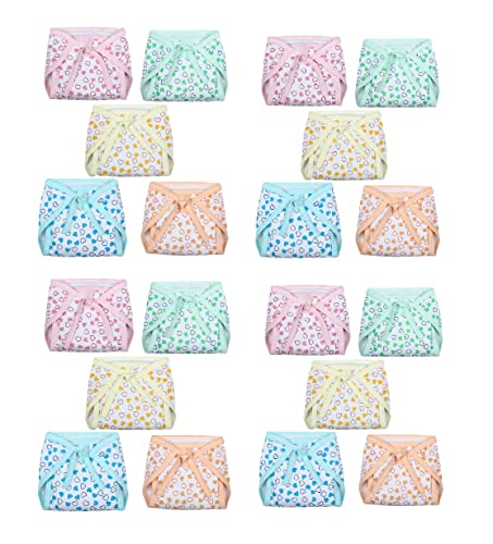Image of Printed Cotton Hosiery Washable & Reusable Adjustable Cloth Diaper With Insert Cushioned Padded Nappy Tying Langot For Babies- Pack of 20 (Small, Multicolor)