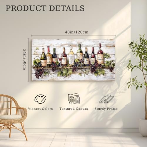 crmotu Wine Bottle Still Life Wall Art, Vintage Kitchen Large Canvas Paintings, Rustic Dining Room Artwork for Walls, Modern Pictures Wall Decor for Home Bar Wine Tasting Room Art Prints 24x48inch