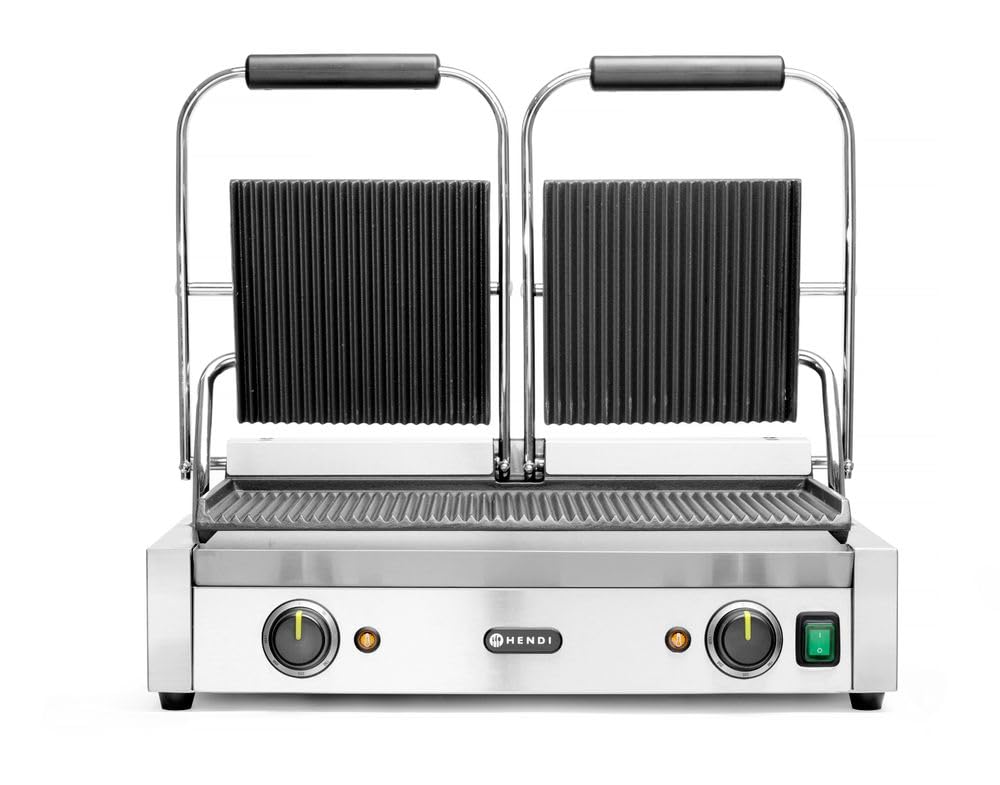 HENDI Piastra Elettrica a Contatto Doppia, Grill/Griglia Panini Professionale, Piastre Rigata in Ghisa Smaltata, 230V, 3600W, 570x375x(H)216mm, Acciaio Inox