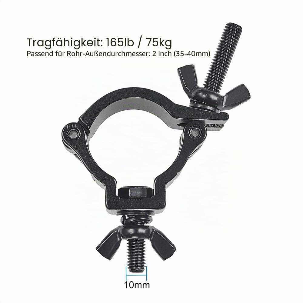Traversen-Klemme, Bühnenlichtklemme, professionell, 35–40 mm, Aluminium, schwarz, kleine Größe, Lichtklemmen mit TÜV-zertifiziert, robuste 75 kg Beleuchtungsklemmen, passend für 3,6–4,6 cm