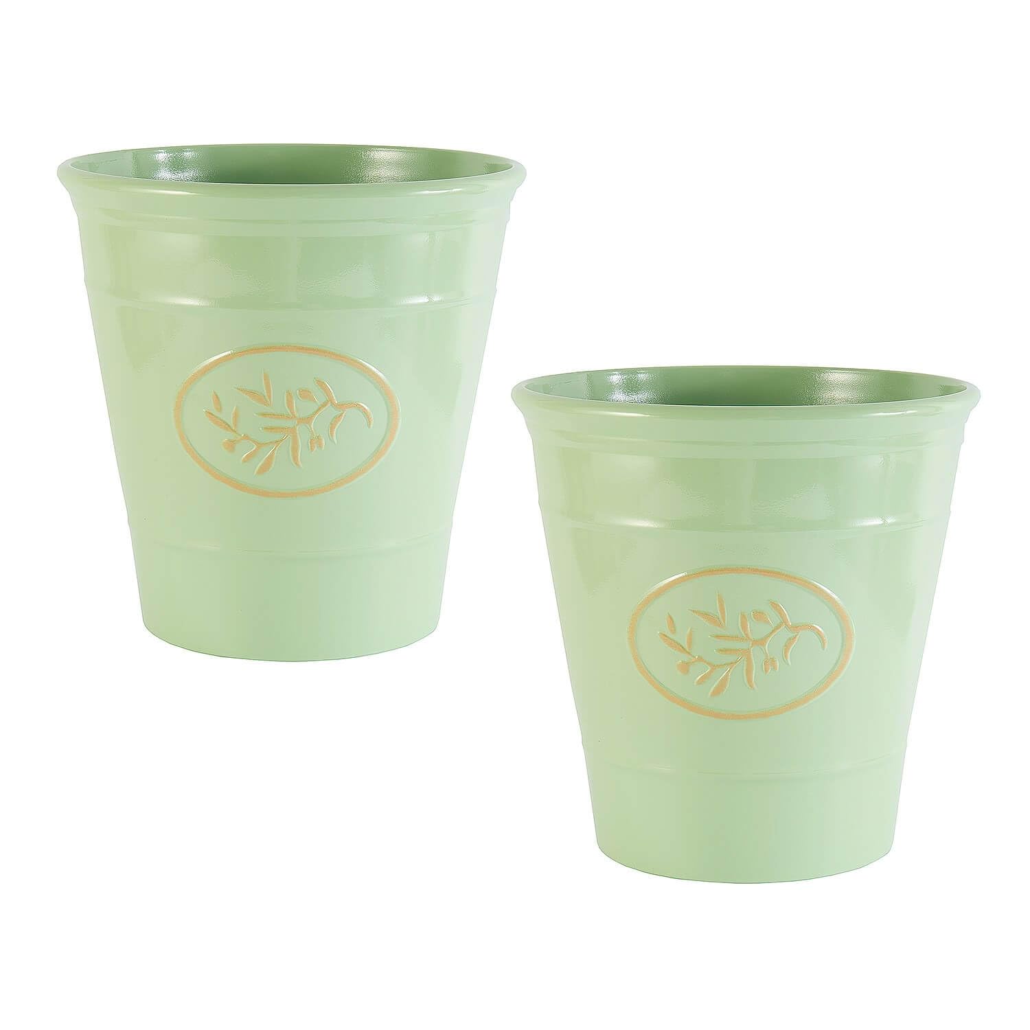 Coopers of Stortford - Set of Two Decorative Planters with Raised Olive Branch Detail - Lightweight Durable Pots with Glossy Ceramic Style Finish (Green)