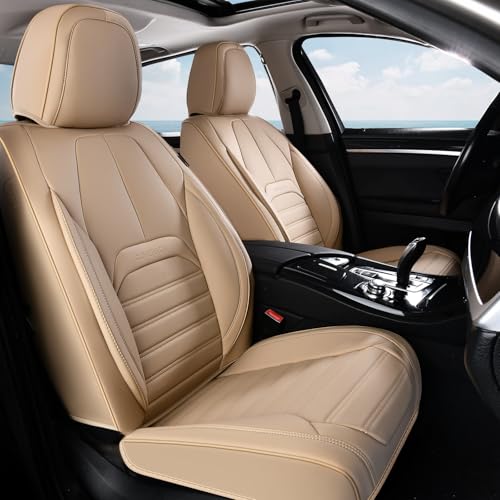 Image of Car Seat Covers Full Set, Beige Seat Covers for Cars, Automotive Seat Covers, Waterproof Nappa Leather Front Seats and Back Car Seat Protector, Universal Fit for Most Cars SUV Trucks