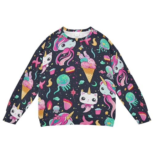 JUNZAN Rainbow unicorns Cartoon Cats Icecream Kids Girls Pullover Hoodie Crewneck Hoodies for Girls Camping 4T