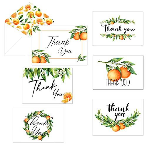 Image of 72 Pieces Orange Thank You Cards Includes 36 Pieces Orange Non-adhesive Envelopes and 36 Pieces Orange Green Leaves Greeting Cards Watercolor Orange Blank Notes Cards for Birthday Party Baby Shower