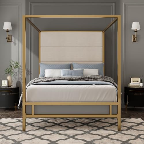 JIJIWANG Modern Gold Canopy Bed Frame with Tall Linen Fabric Upholstered Headboard Metal 4-Poster...