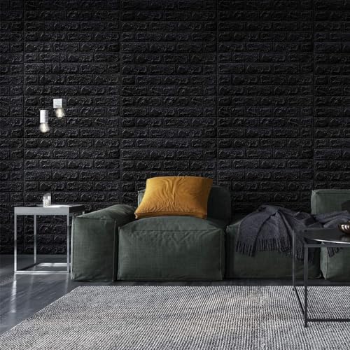 Image of POZET 3D Brick Wallpaper PE Foam self Adhesive Brick Design Wall Stickers /DIY Wallpaper for Home Hotel Living Room Bedroom Cafe Deco (70 x 77 cm) (Black) Pack of 15