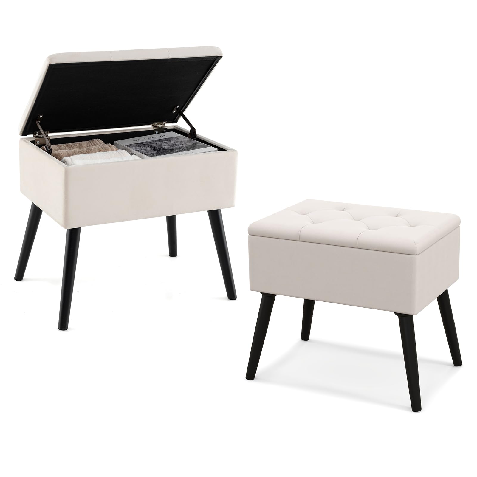 COSTWAY Tabouret Coiffeuse avec Rangement, Pouf Rangement en Velours, Pieds en Bois Massif, Siège Rembourré Rabattable, Banc Chaussures Entrée, pour Chambre Salon Coiffeuse, Charge 150 kg (Beige)