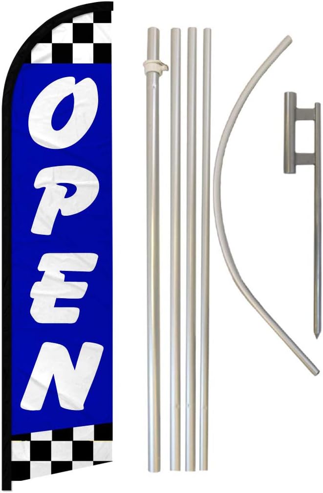 Infinity Republic - Open Blue Checkered Windless Full Sleeve Banner Swooper Flag & Pole Kit - Perfect for Businesses, Dealerships, Events, Stores, etc!