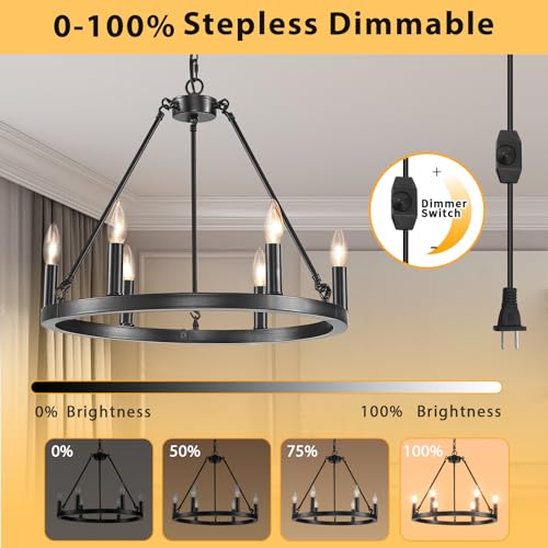 Hoxiya DJ-PL1101 6 Lights Dimmable Plug In Wagon Wheel Chandelier, 20.5 Inch Black Round Hanging Lights Fixture With Long Cord, Farmhouse Rustic Pendant Light, Height Adjustable Outdoor Ceiling Lights thumb #1