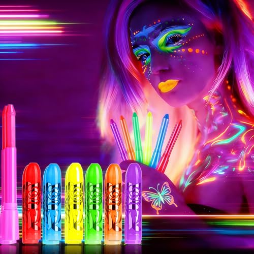 Glow in The Black Light Face Paint Crayons Kit, UV Black Light Makeup Neon Face and Body Paint Sticks Markers for Mardi Gras Halloween Masquerades Makeup