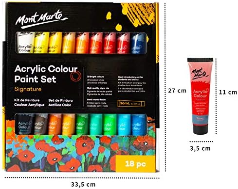 Mont Marte Acrylic Paint Set  18 pcs x 36ml Tubes  Ideal for Acrylic Painting  Brilliant Lightfast Colours with Great Opacity